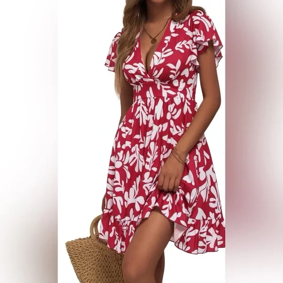 Torary Red & White Floral V-Neck Dress – Flutter Sleeve Summer Dress – M - Picture 4 of 5